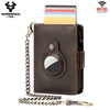 A brown leather wallet with a magnetic closure and a chain, featuring an RFID blocking feature.
