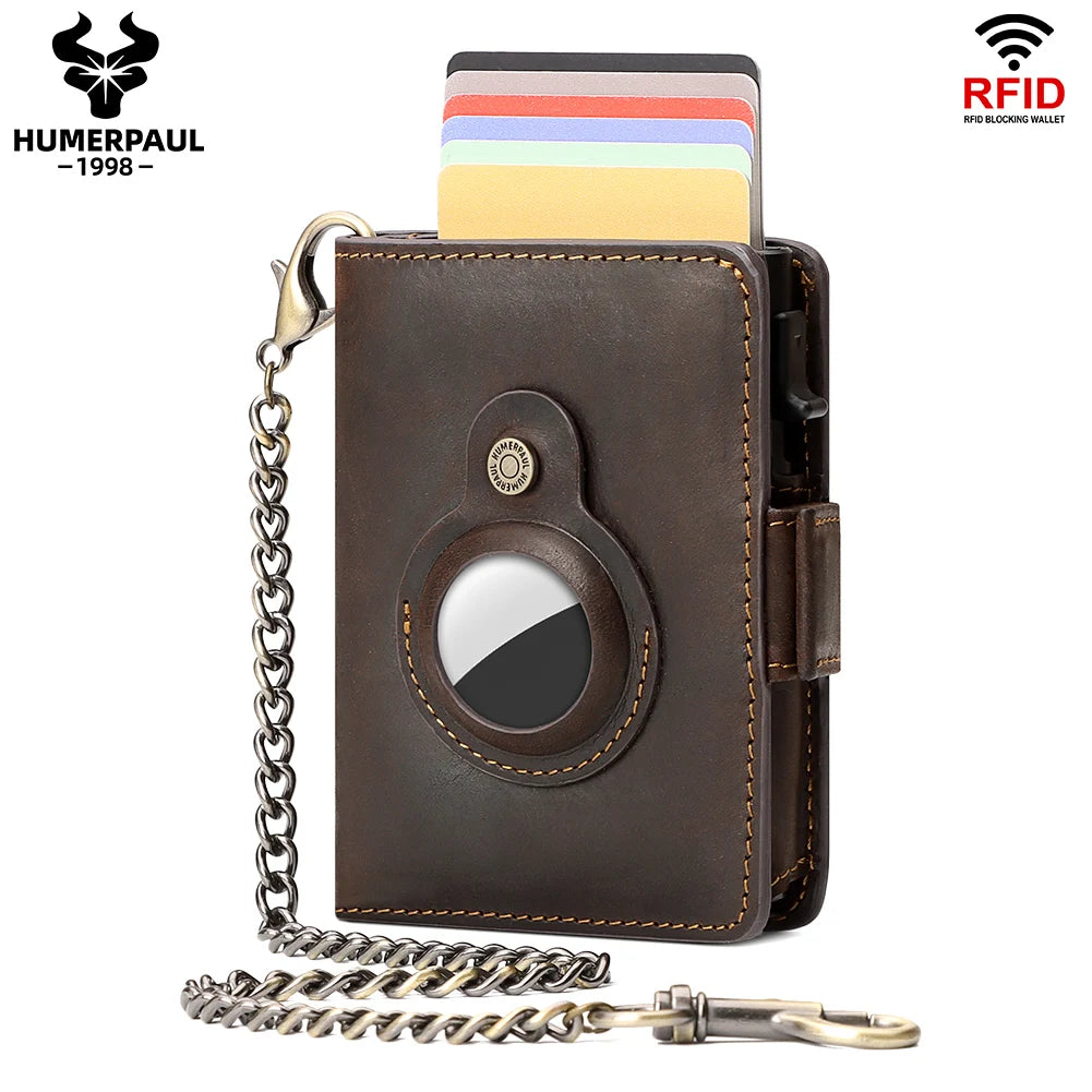 A brown leather wallet with a magnetic closure and a chain, featuring an RFID blocking feature.