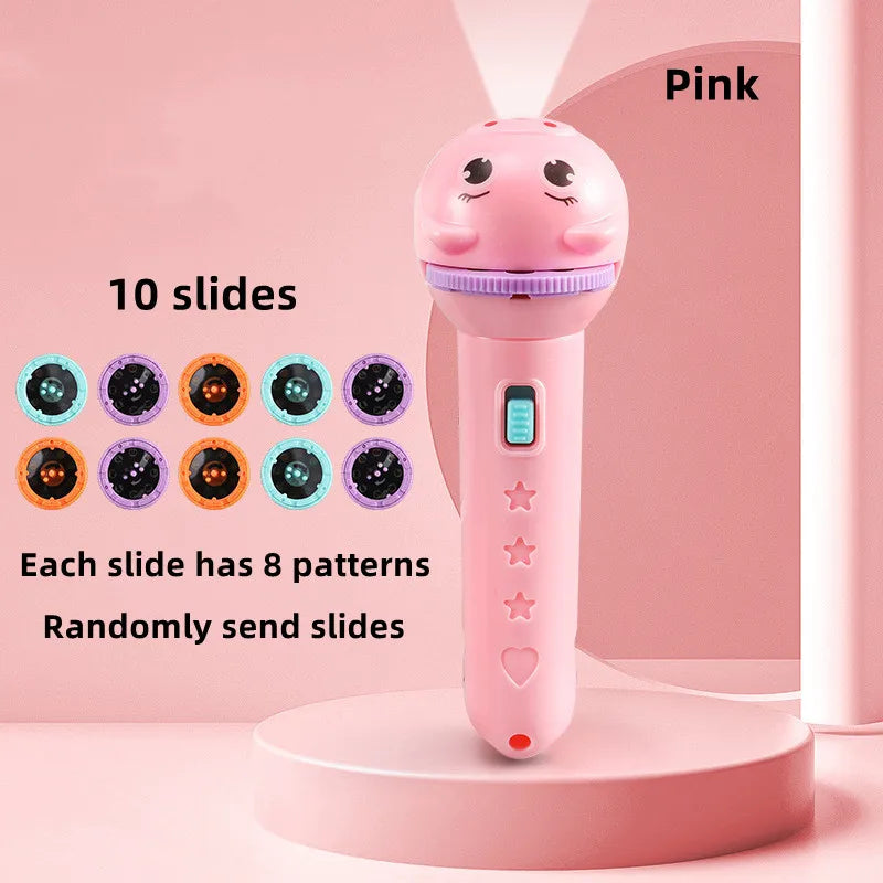 Pink kids projector flashlight with 10 slides and 8 patterns for random story cards