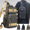 A dark gray and gold Men's Versatile Crossbody Backpack shown being worn by a person.