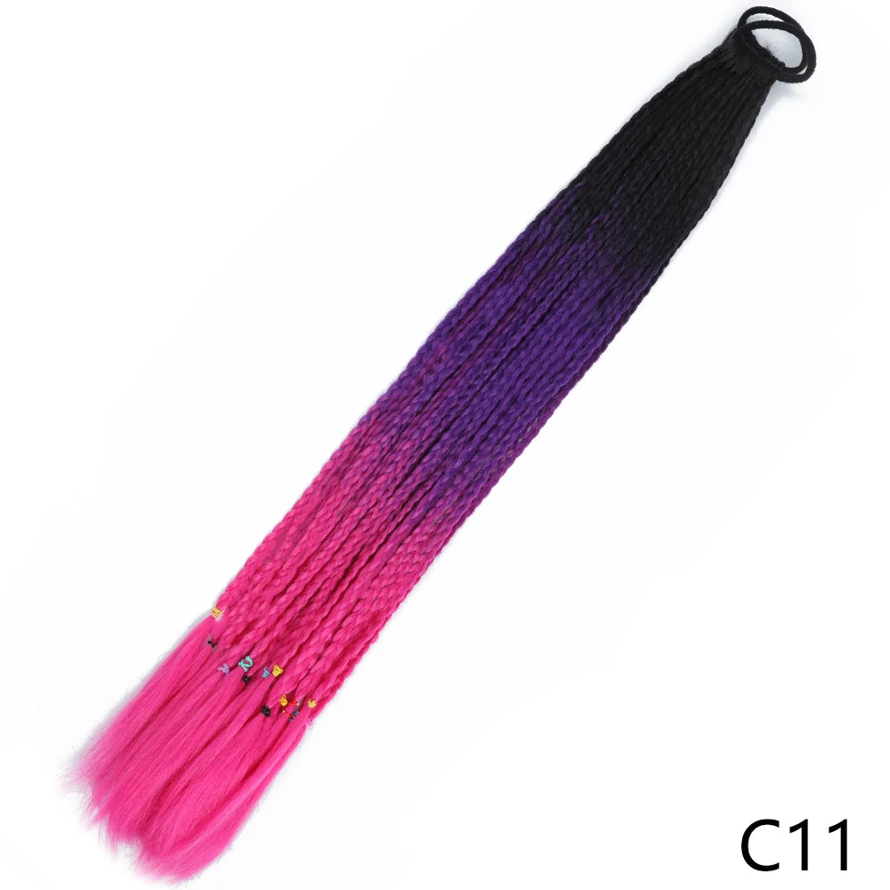 Black to pink gradient pre-braided ponytail extension with an elastic band