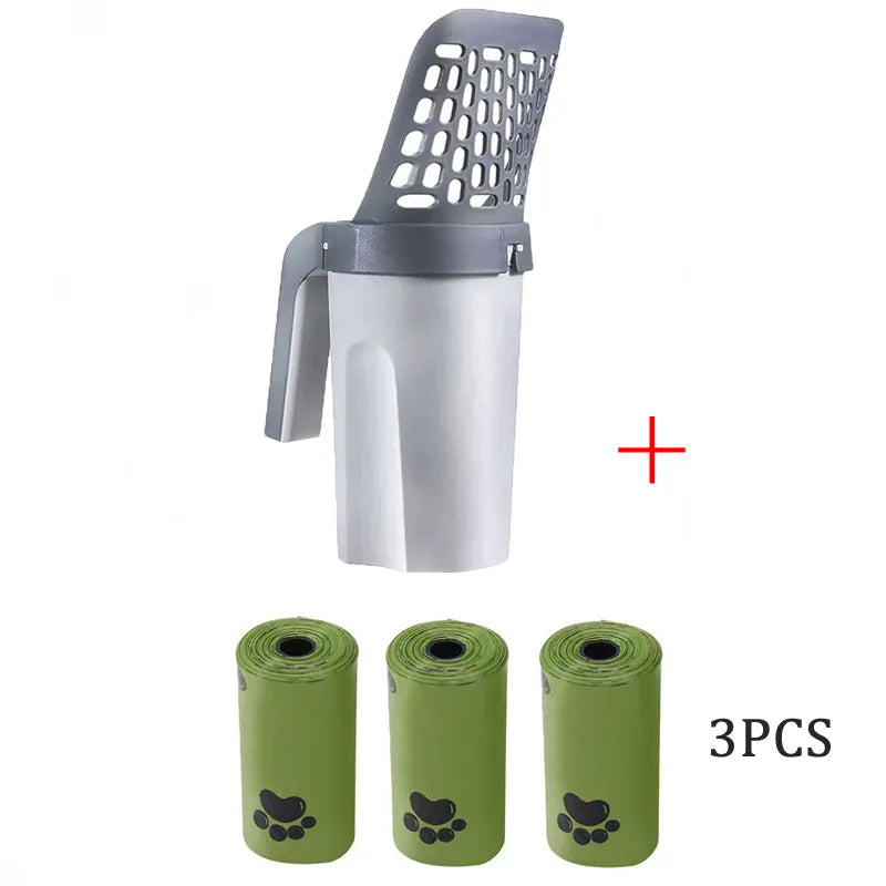Paleta para arena de gato gris con soporte para bolsa de basura y tres bolsas plásticas verdes.