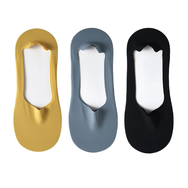 Three pairs of men's no-show socks with silicone grip in gold, gray, and black.