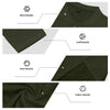 Diagram showing detailed views of a dark olive green men's casual long-sleeve shirt including neck, cuff, hem, and fabric det