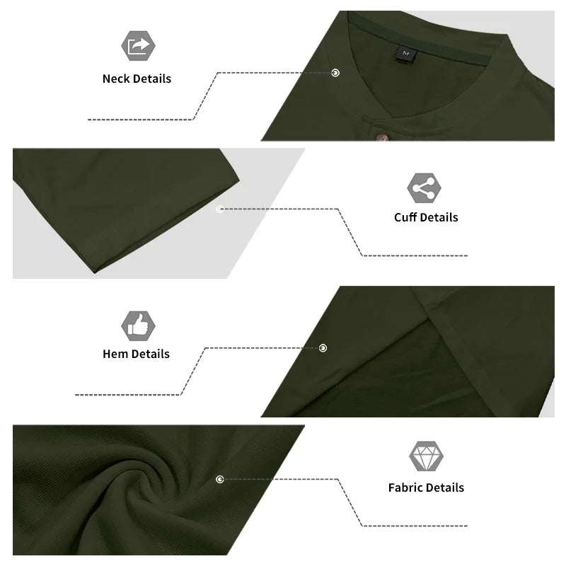 Diagram showing detailed views of a dark olive green men's casual long-sleeve shirt including neck, cuff, hem, and fabric det