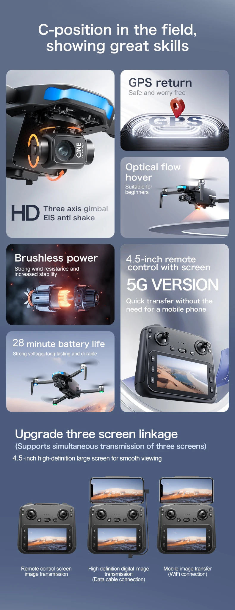 A collection of features for a C-position field camera including HD, gimbal, brushless power, battery life, and remote contro