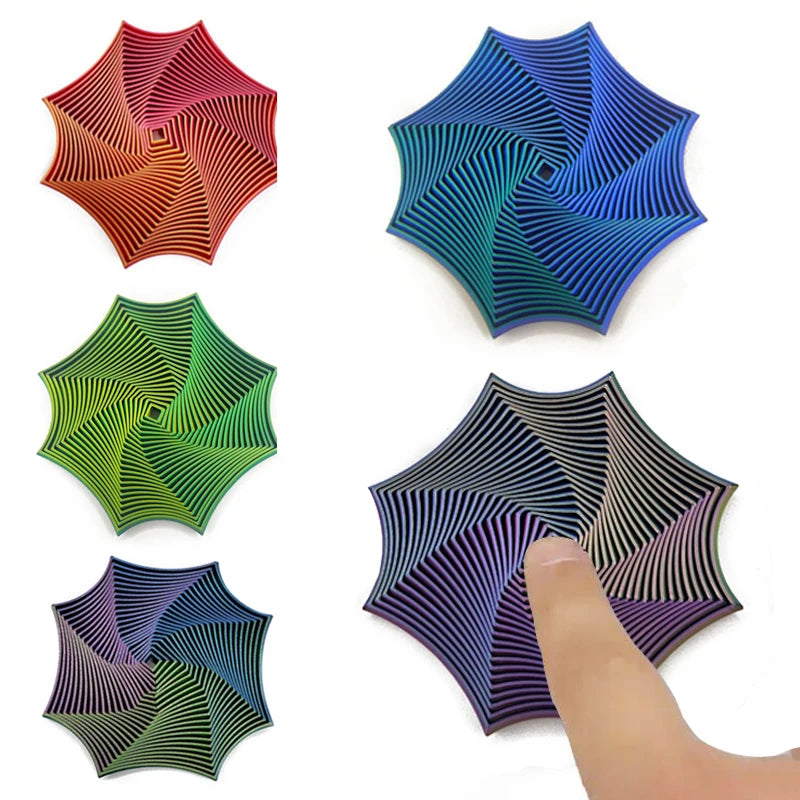 En samling geometriske stimuleringsleker i ulike farger med optiske illusjonsmønstre.