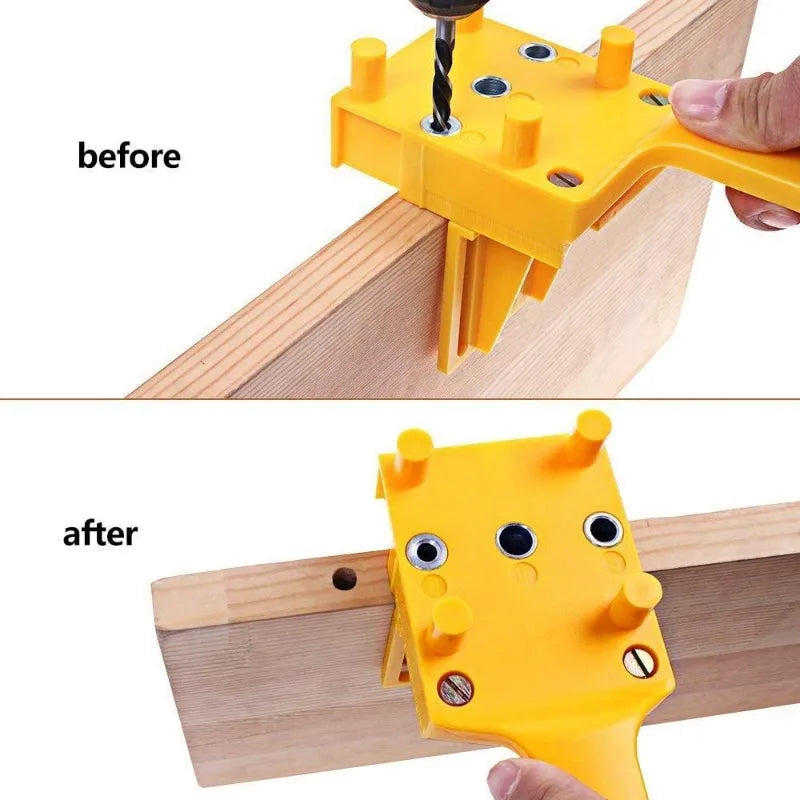 Before and after comparison of an adjustable woodworking dowel drilling guide used for drilling holes in wood.