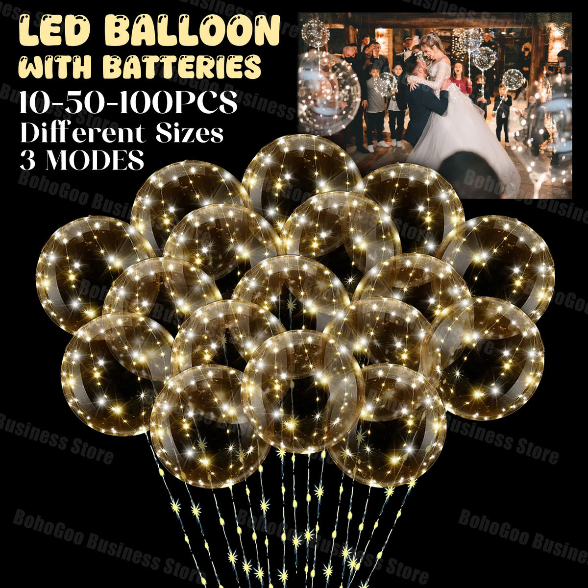 A bundle of gold LED light-up balloons with pre-strung lights shown against a dark background.