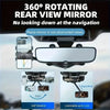 Espejo retrovisor giratorio 360° montado en un vehículo, mostrando su capacidad de ofrecer vistas sin obstrucciones.
