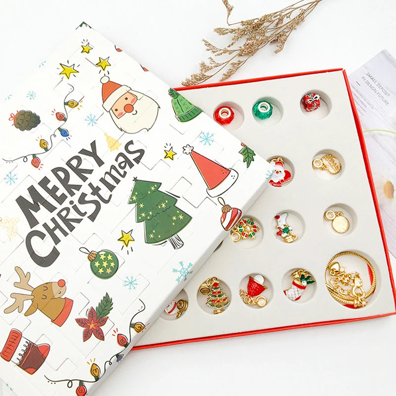 A colorful advent calendar featuring 24 days of Christmas themed charm bracelets and a gold-colored wooden tree.