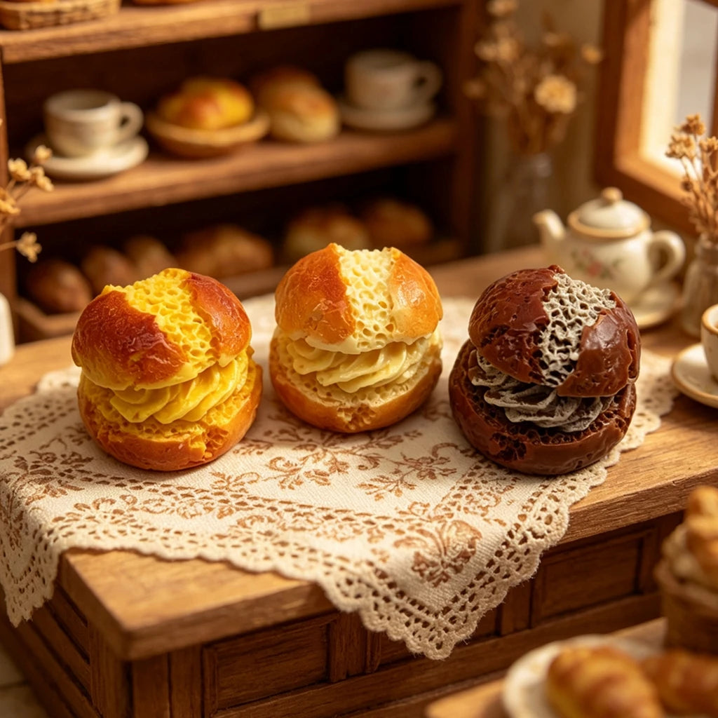 Et sett miniatyrbakverk i resin med gylne croissanter og rundstykker på en treflate.