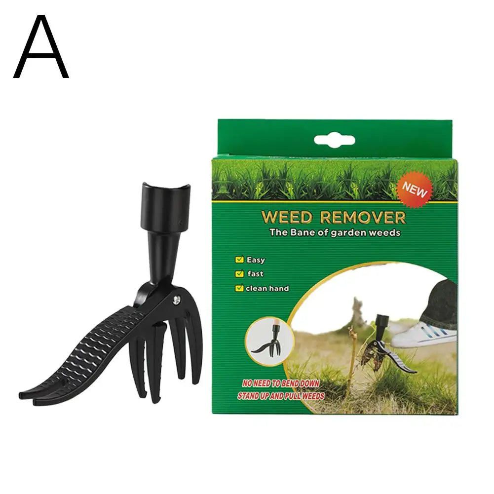 A black stand-up weed remover tool packaged in a green box for garden weeds.
