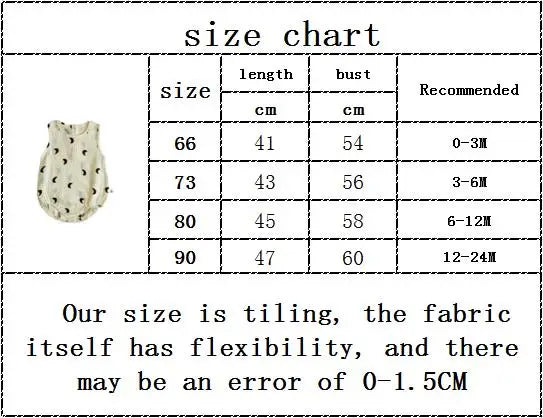 Size chart showing measurements for baby clothing sizes 66, 73, 80, and 90 in centimeters for length and bust.