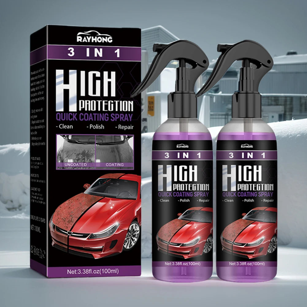 A box and two spray bottles of Rayhong 3 in 1 High Protection Quick Coating Spray for cars