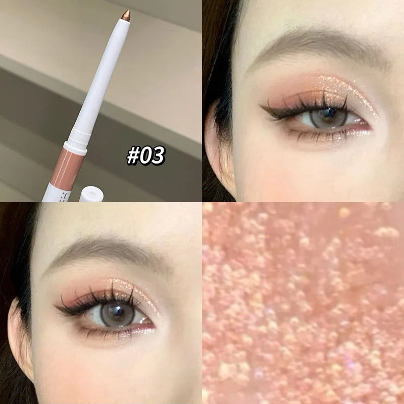 Nærbilde av en kosmetikkartikkel som viser en øyenskyggeblyant og en stripe rosa highlighter på huden.