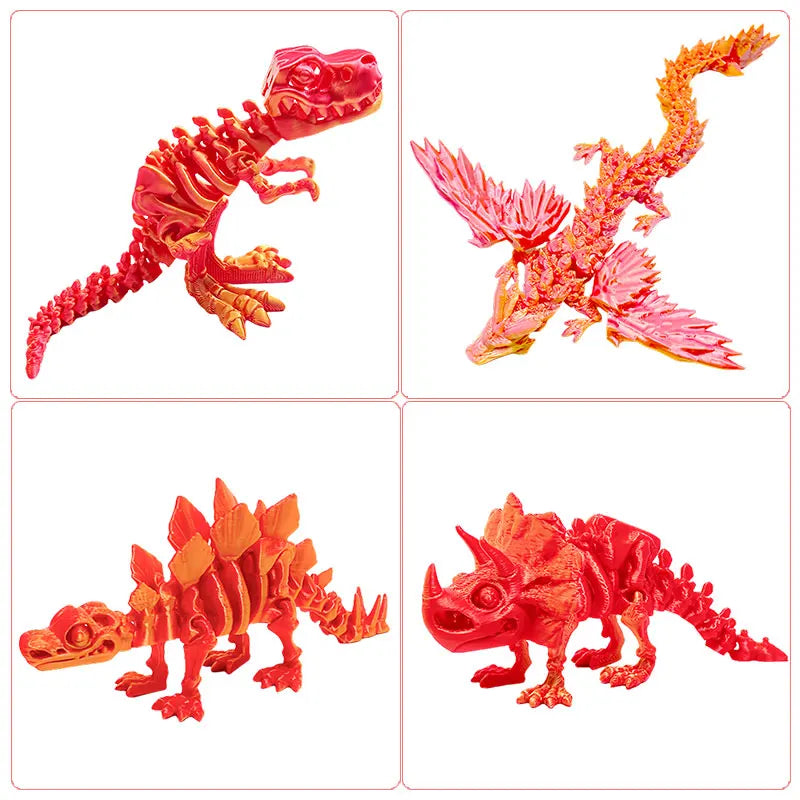Tres vistas de una figurilla de escritorio de dragón articulado impreso en 3D en rojo y rosa.