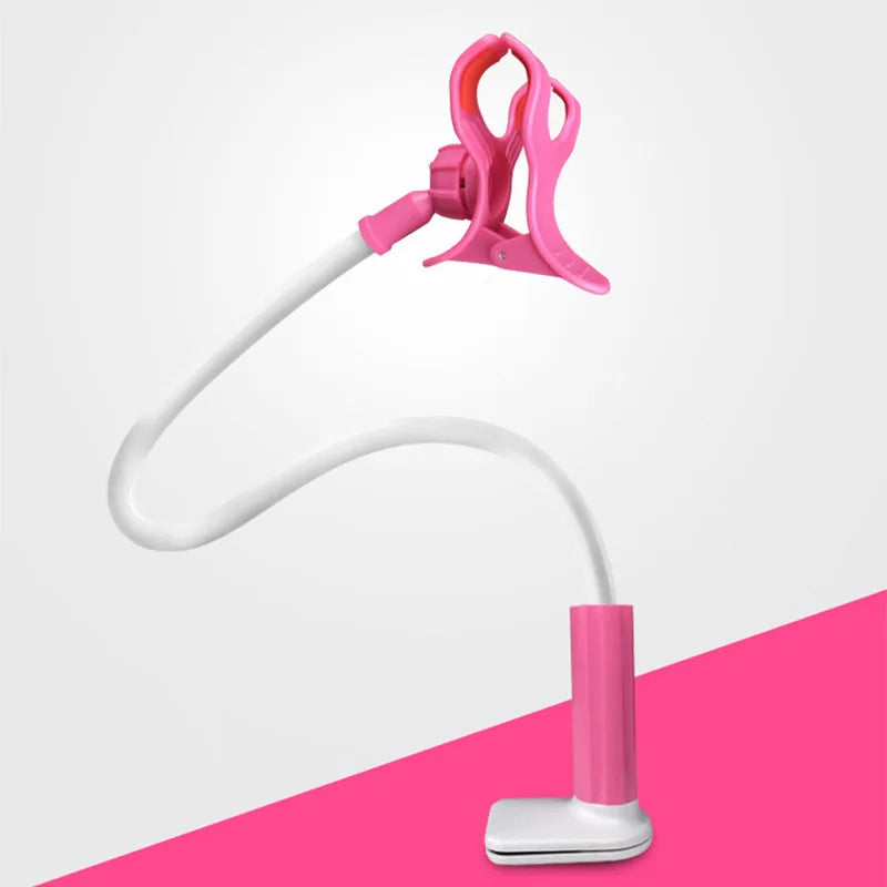 Soporte para teléfono flexible rosa con cuello blanco y base rosa