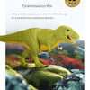 A green Tyrannosaurus Rex dinosaur model is displayed in a natural, rocky environment.