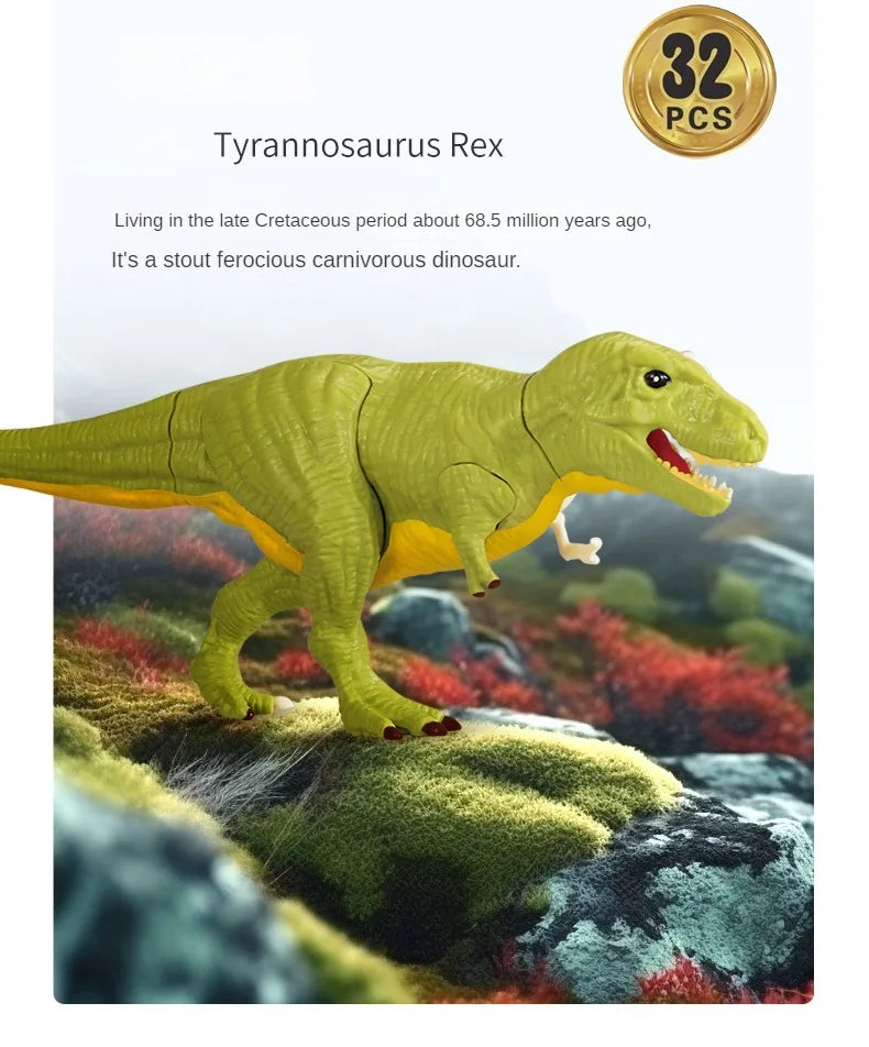 A green Tyrannosaurus Rex dinosaur model is displayed in a natural, rocky environment.