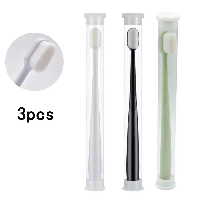 Three clear tubes of ultra-soft nano bristle toothbrushes for sensitive teeth