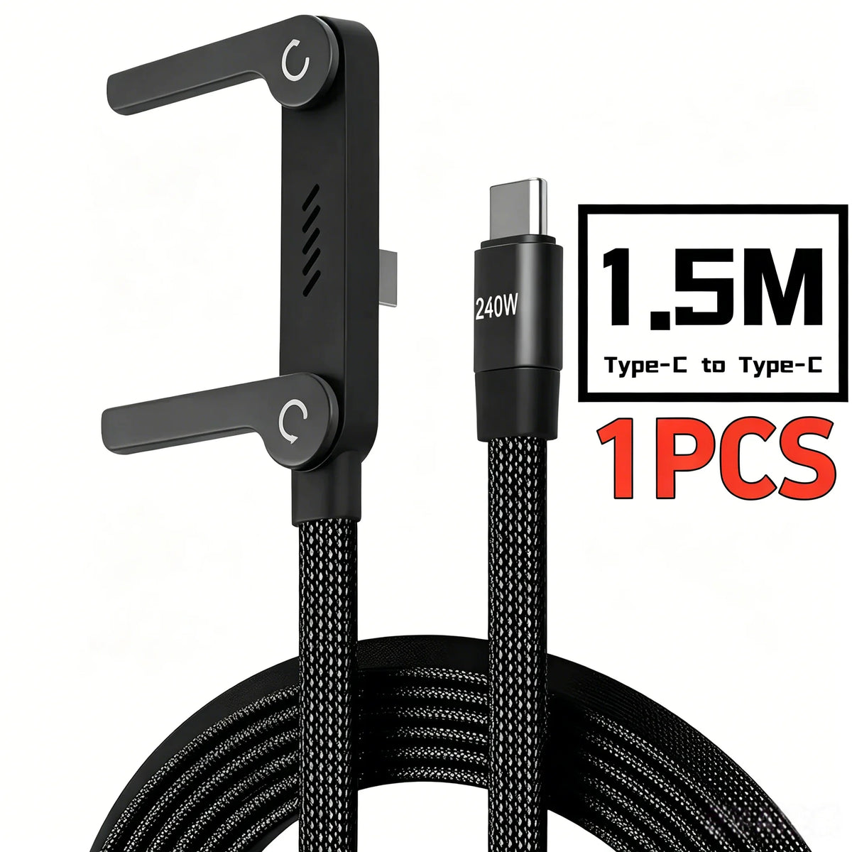كابل شحن سريع USB-C إلى Type-C أسود مع حامل هاتف قابل للطي وطول 1.5 متر