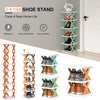 A set of modular, stackable shoe stands in white and orange wood, designed for a neat home life.