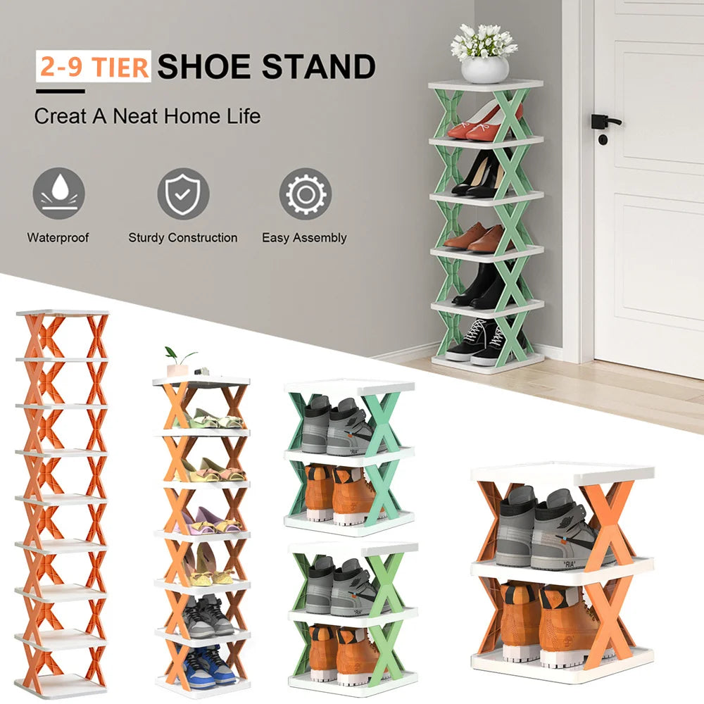 A set of modular, stackable shoe stands in white and orange wood, designed for a neat home life.