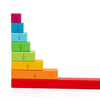 A set of colorful wooden fraction learning rods stacked vertically and horizontally, showing fractions like 1/10, 1/8, 1/6, 1