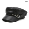 Black PU leather beret hat with a strap and buckle