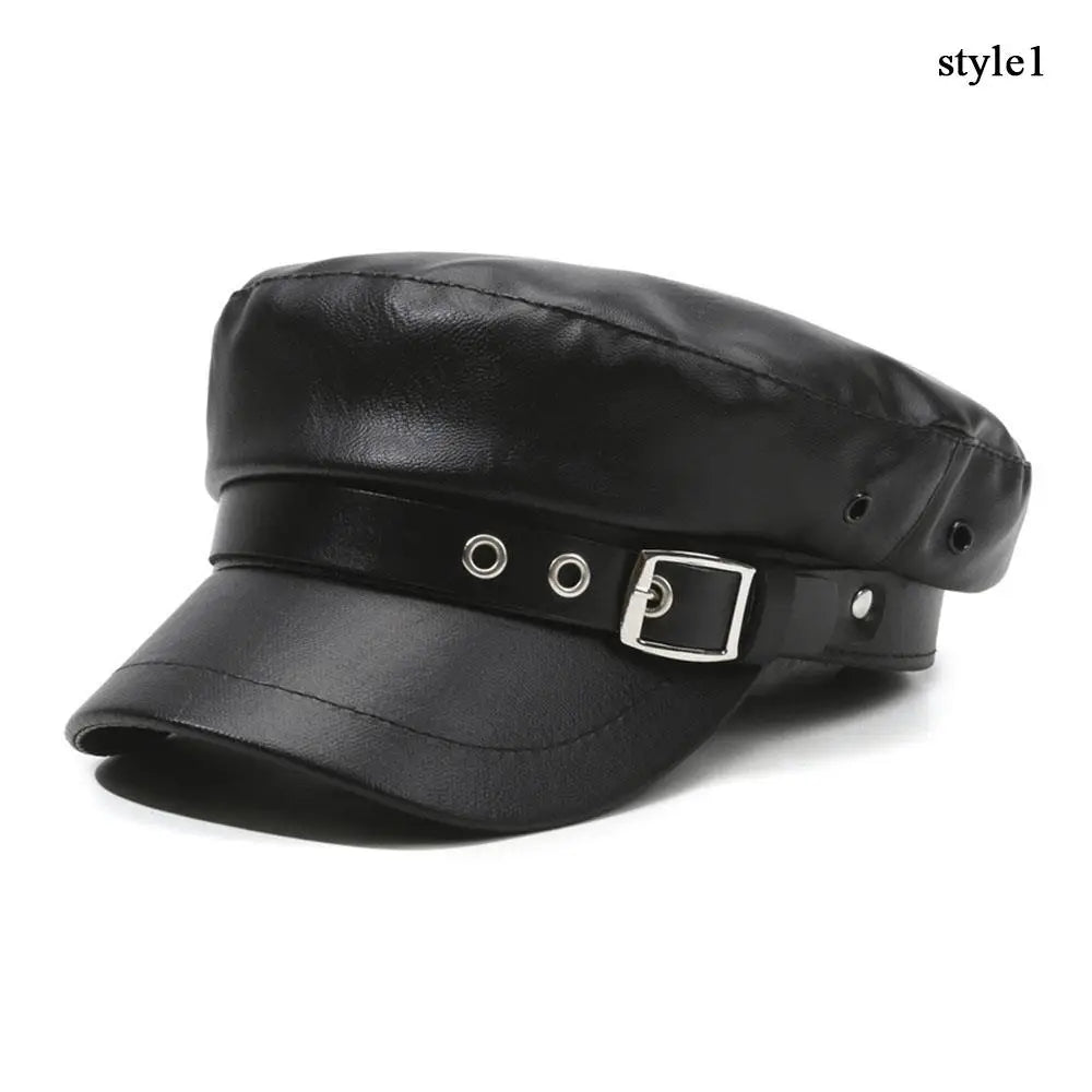 Black PU leather beret hat with a strap and buckle