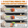 Trois modes passionnants pour un divertissement sans fin, montrant un chat jouant avec un jouet en forme de balle orange.