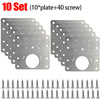 A set of ten stainless steel cabinet door hinge repair plates and forty screws.