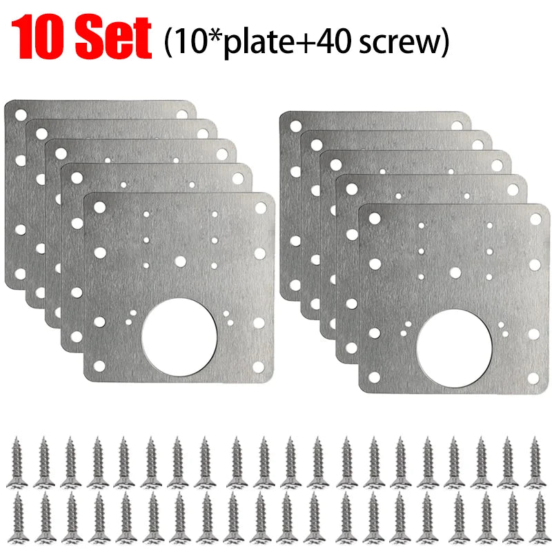 A set of ten stainless steel cabinet door hinge repair plates and forty screws.