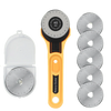 An orange rotary fabric cutter with an ergonomic handle and a set of cutting discs.