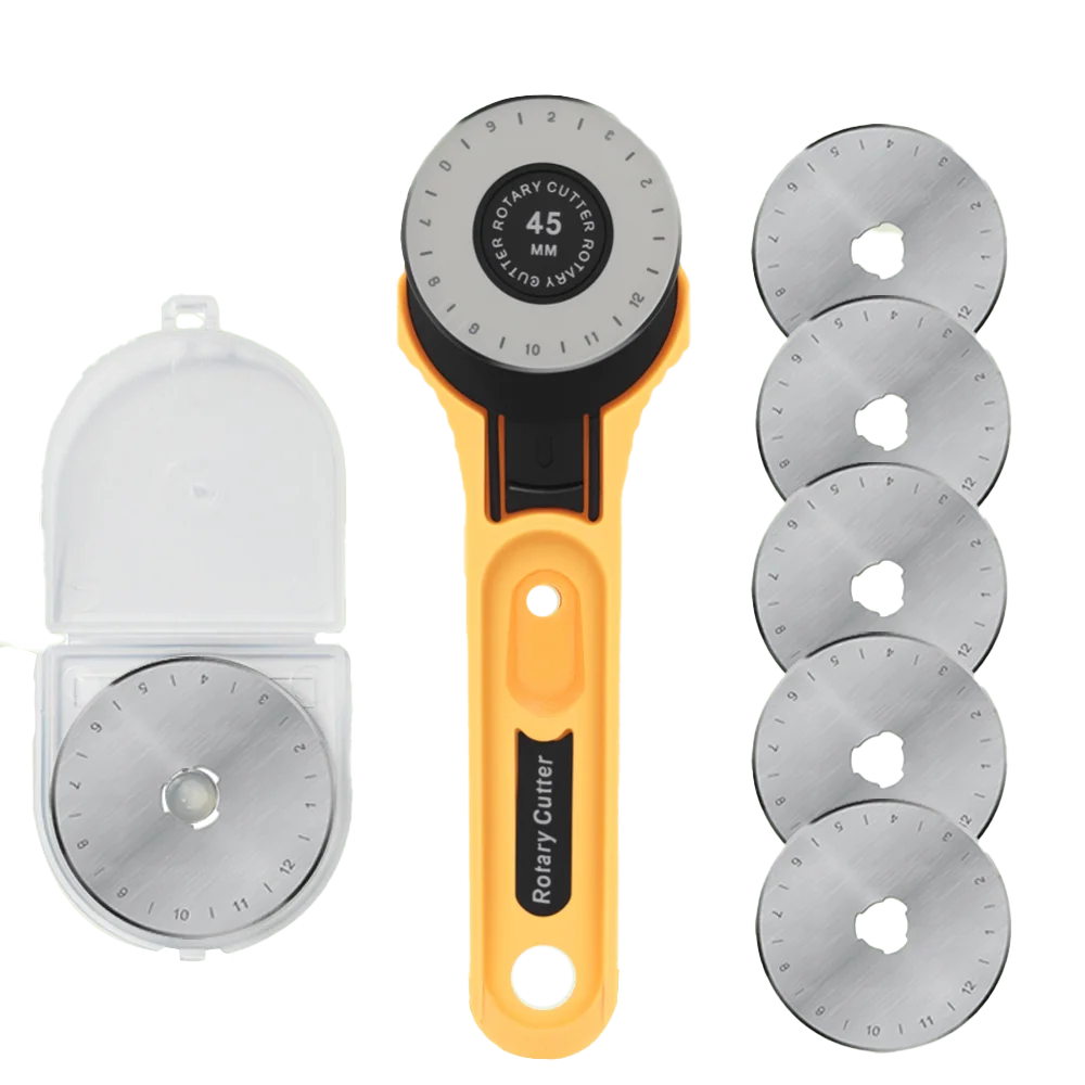 An orange rotary fabric cutter with an ergonomic handle and a set of cutting discs.