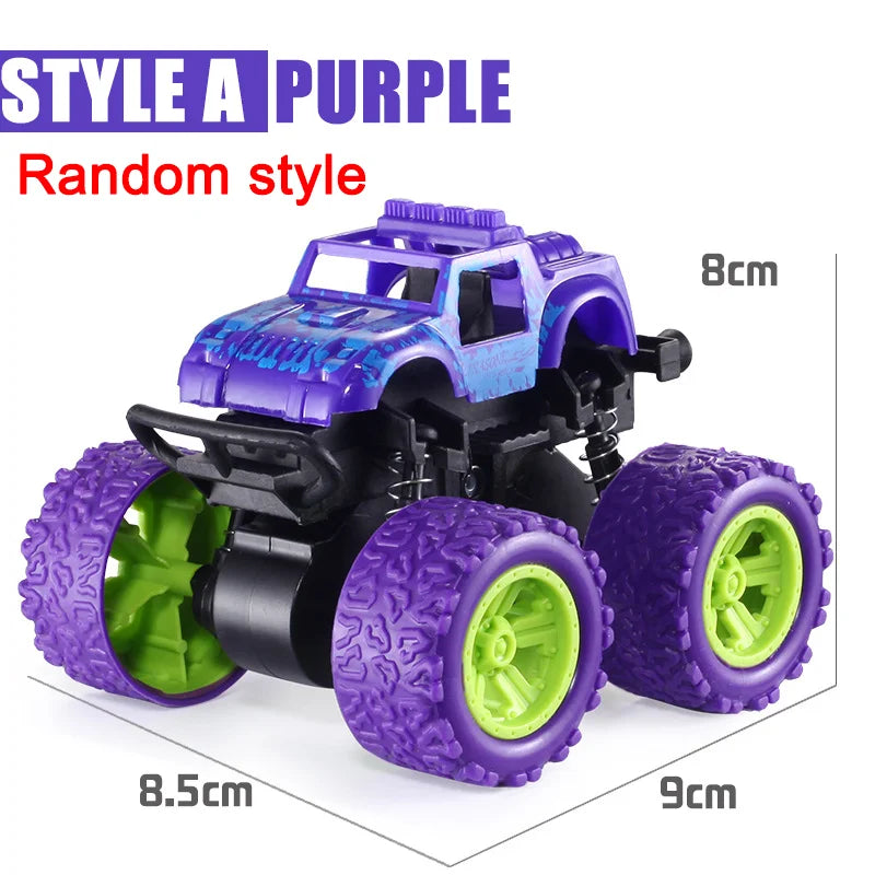 Purple pull-back stunt SUV toy car with large tires and green accents