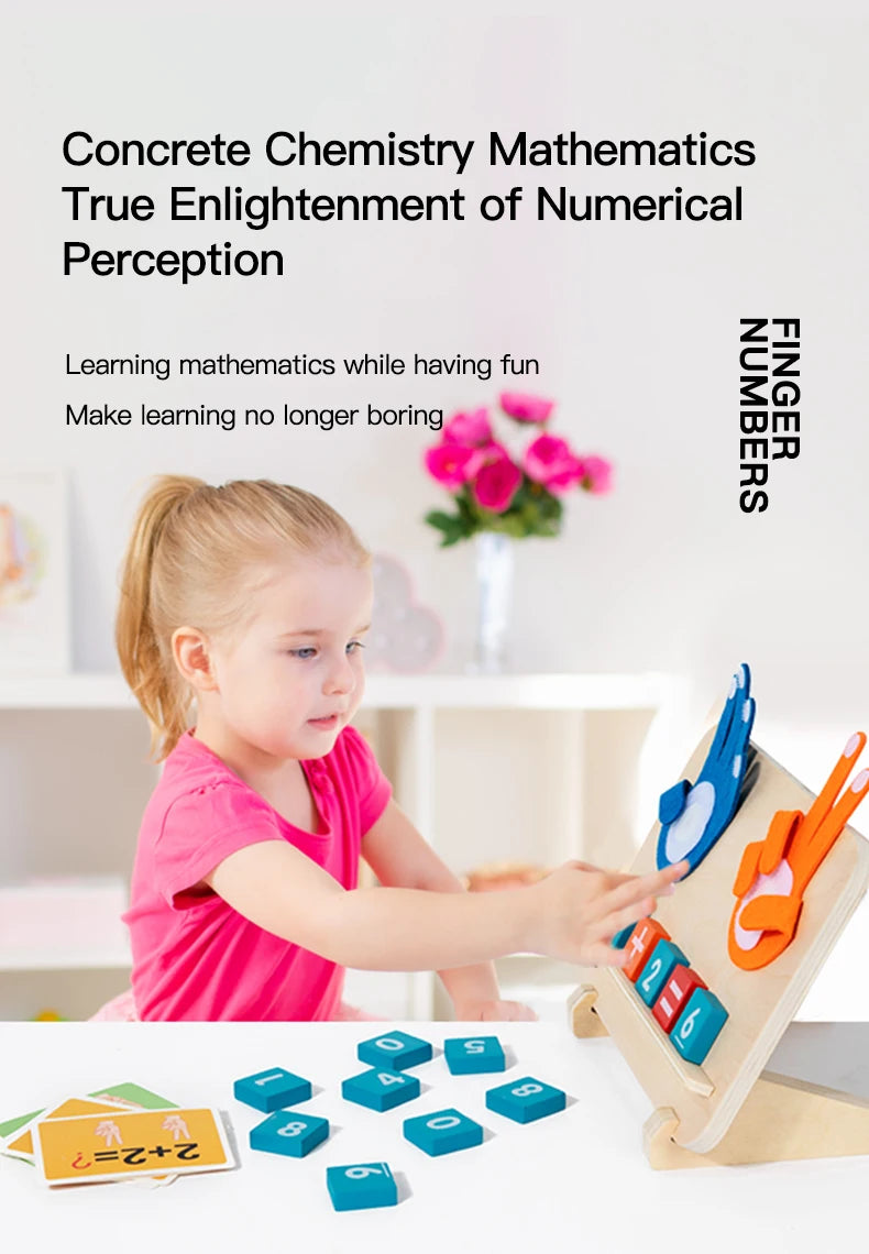 A young girl is playing with a wooden finger counting number learning toy, showing various colored blocks and cards.