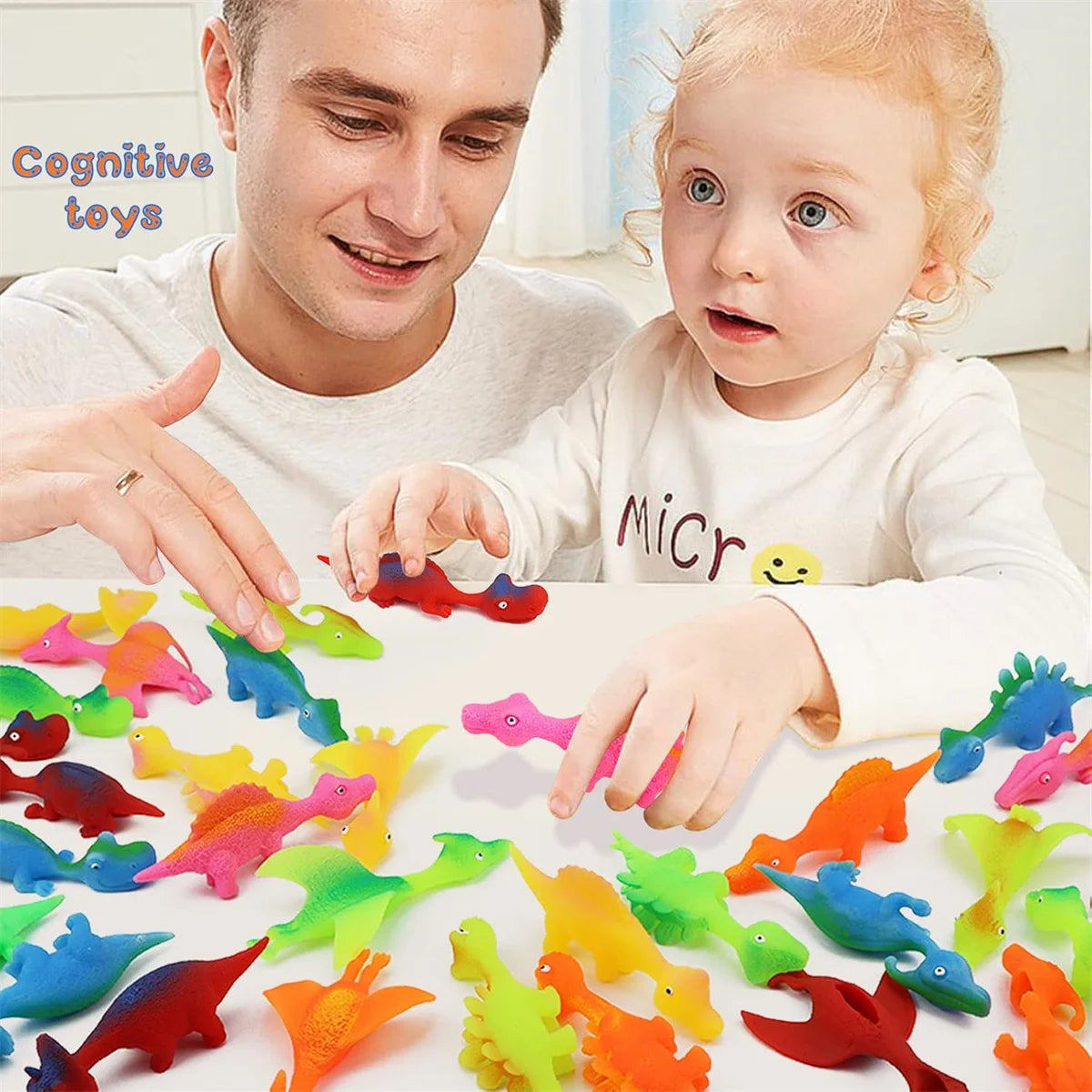 A man and a young girl are playing with a colorful dinosaur finger catapult toy set.
