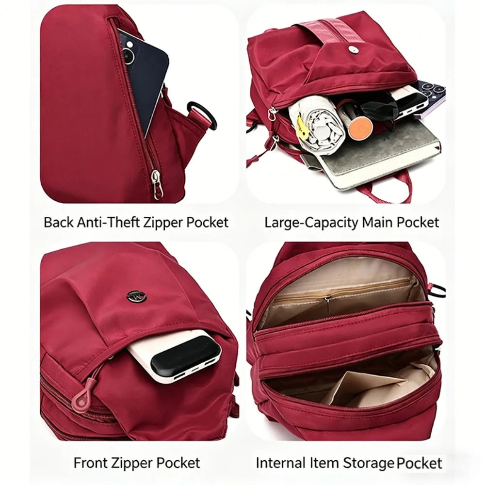 Various views of a red mini backpack showing front and back zippered pockets and internal storage