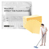 A package of yellow floor cleaning tablets and a mop are shown next to a living room setting.