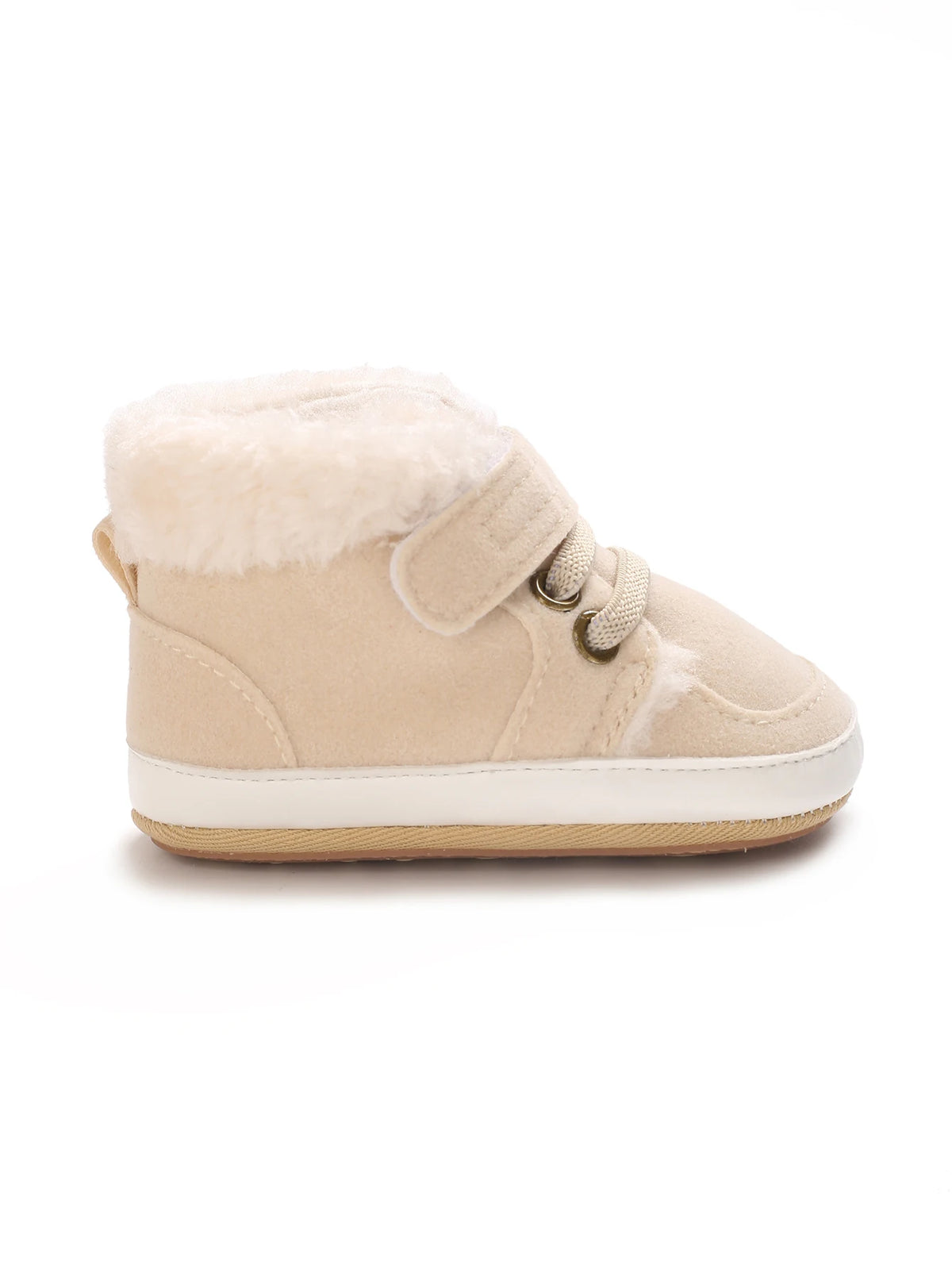 A pair of beige baby winter snow boots with a fluffy shearling lining and light-colored sole.