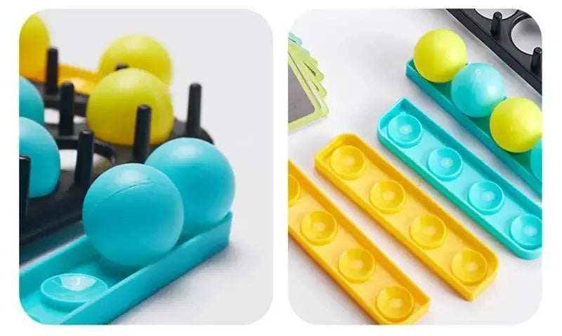 A collection of colorful bounce balls in various shades of yellow and blue arranged on a plastic tray.