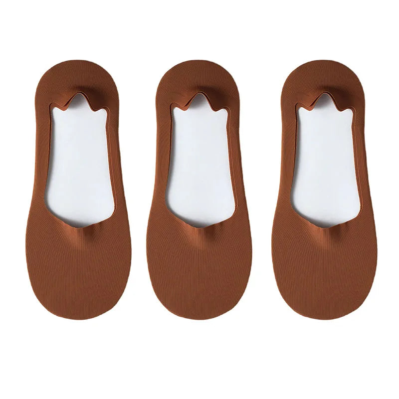 Three brown silicone grip no-show socks displayed individually.