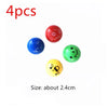 Four colorful glass marbles in red, blue, green, and yellow are shown for a marble run building blocks set.