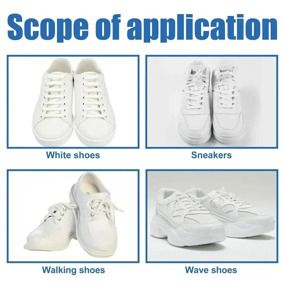 Various white shoes including sneakers, walking shoes, and wave shoes shown for cleaning.