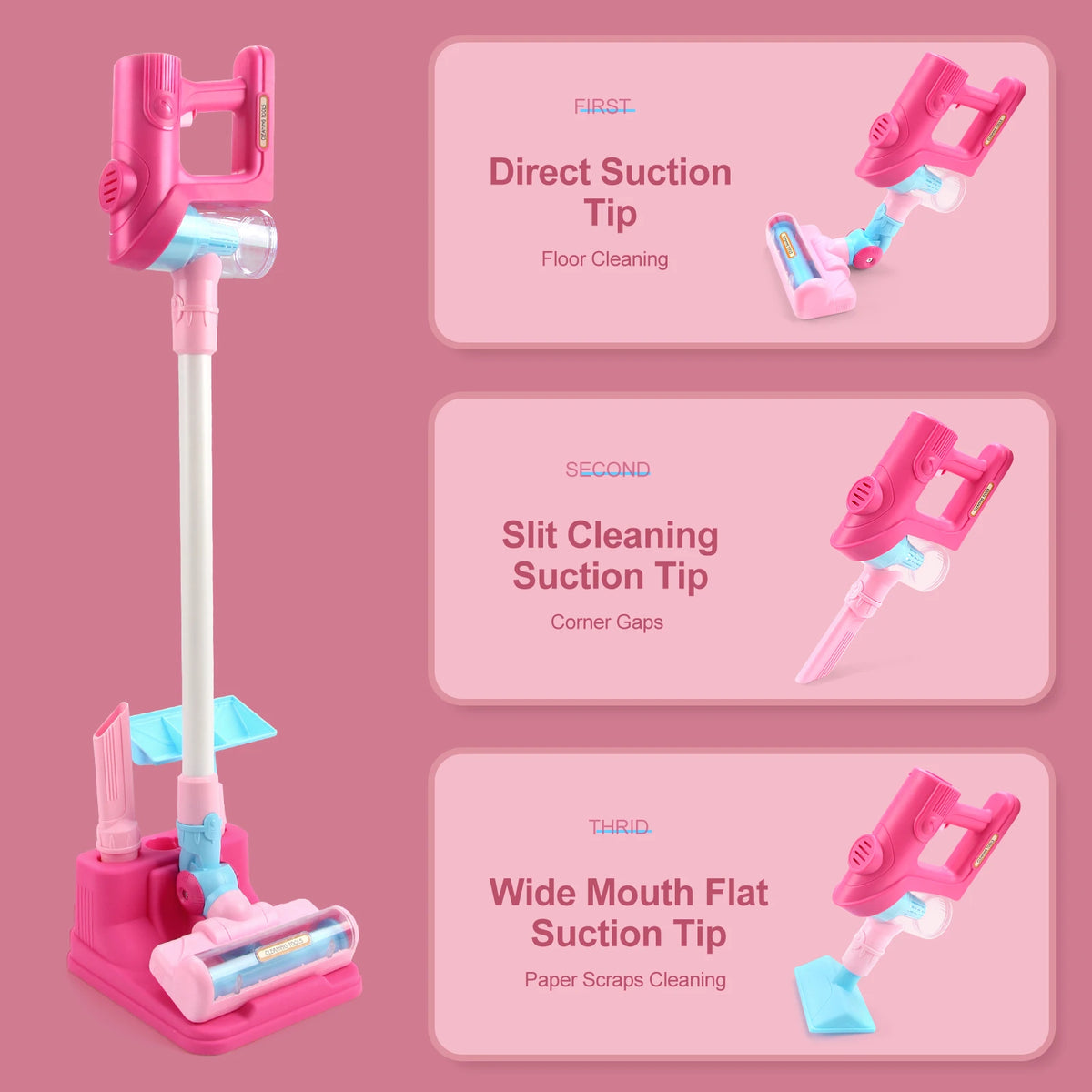 Pink toy vacuum cleaner with three different suction tips for cleaning various surfaces