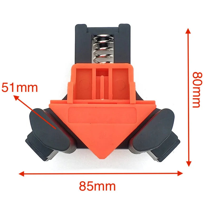 A black and orange right-angle clamp with a silver screw, shown with dimensions 85mm long and 80mm high.