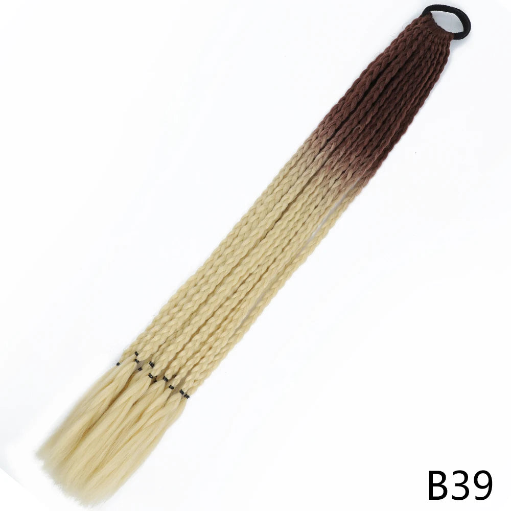 A pre-braided ponytail extension featuring a gradient color transition from light blonde to dark brown hair.