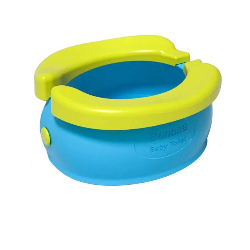 A yellow and blue foldable travel potty for kids with waste bags.